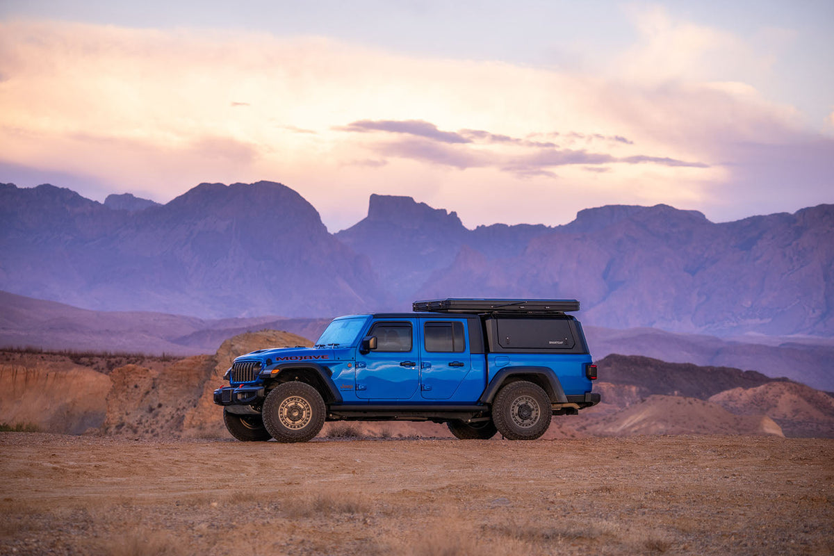A Jeep in front of the Chisos at Sunset